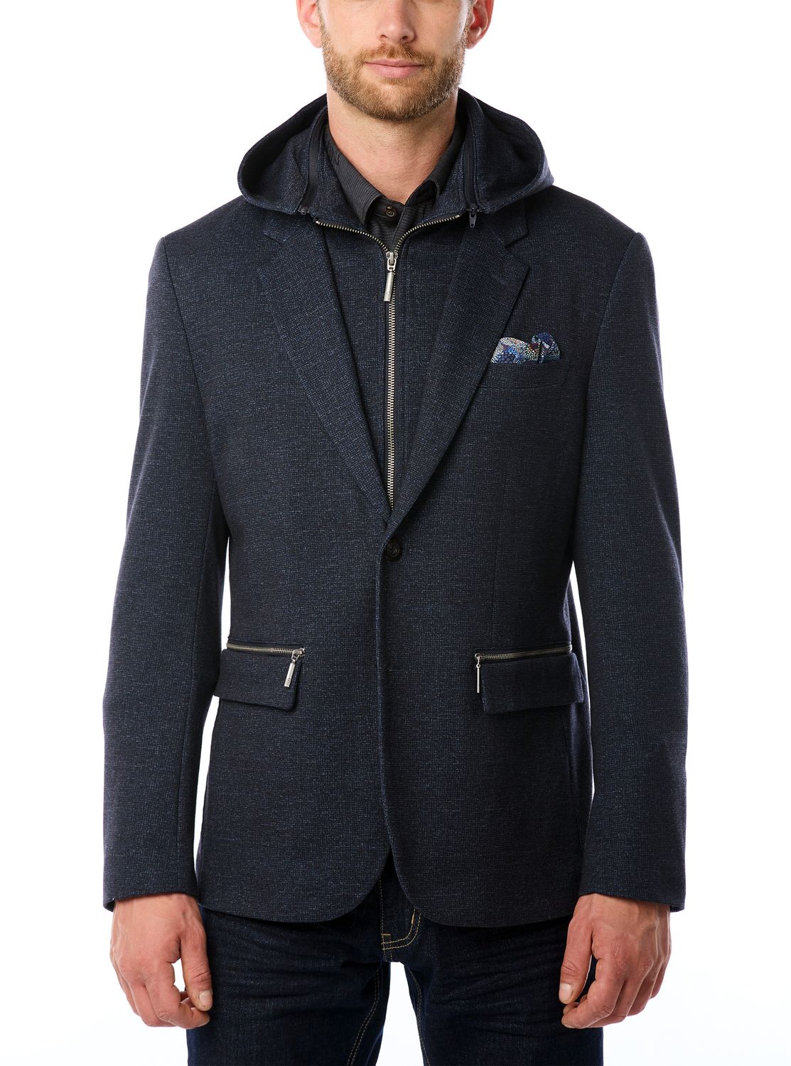 542198 mens multi functional blazer/sport coat/dinner jacket w/zip off collar and hood