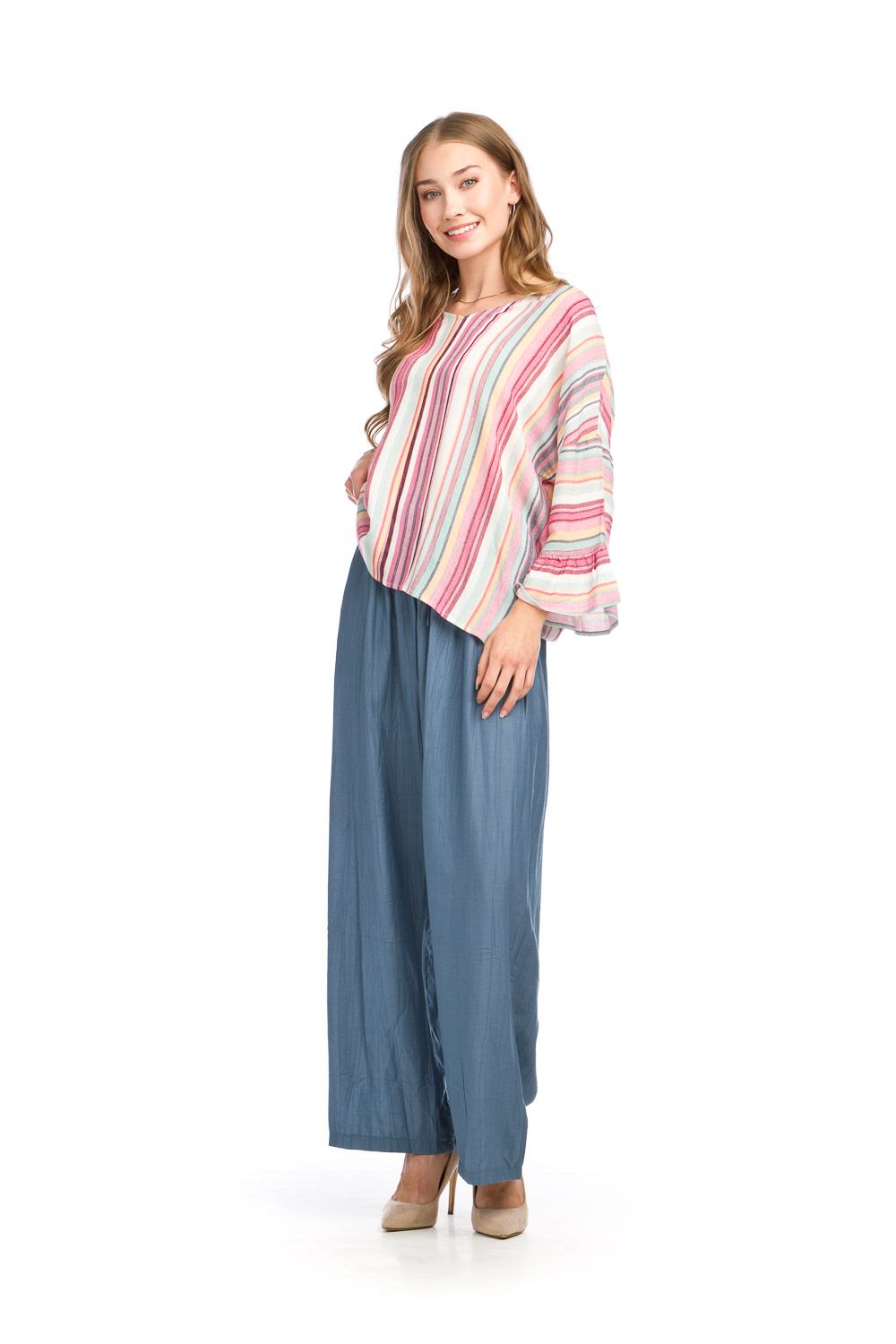 PT-16107 3/4 sleeve multi striped v-neck top
