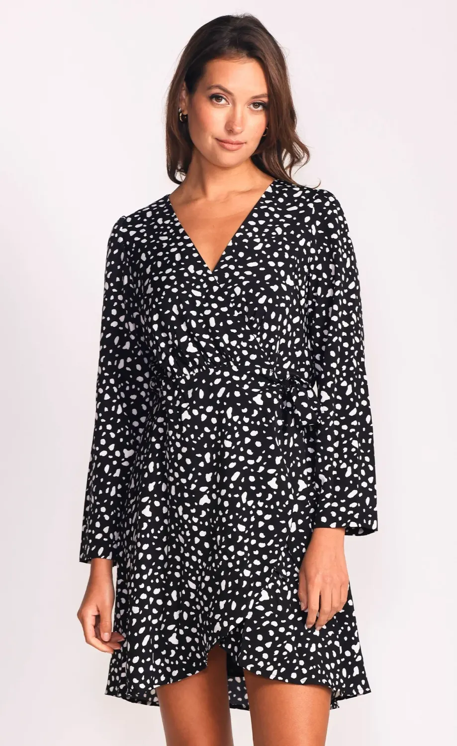DR-230516BK ladies long sleeve printed wrap dress
