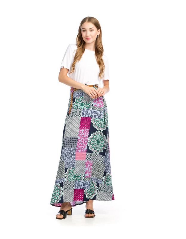 PS-16912 patchwork print maxi skirt w/woven belt