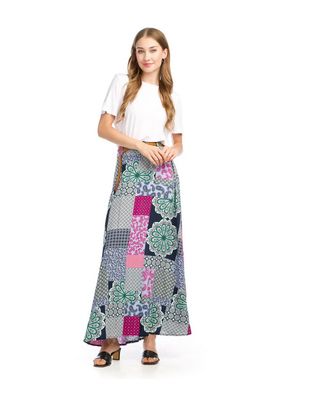 PS-16912 patchwork print maxi skirt w/woven belt