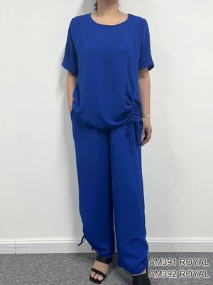 AM391 round neck short sleeve blouse w/adjustable tie front