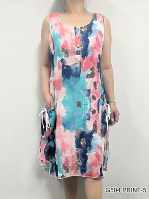G504 Sleeveless print dress w/front pockets