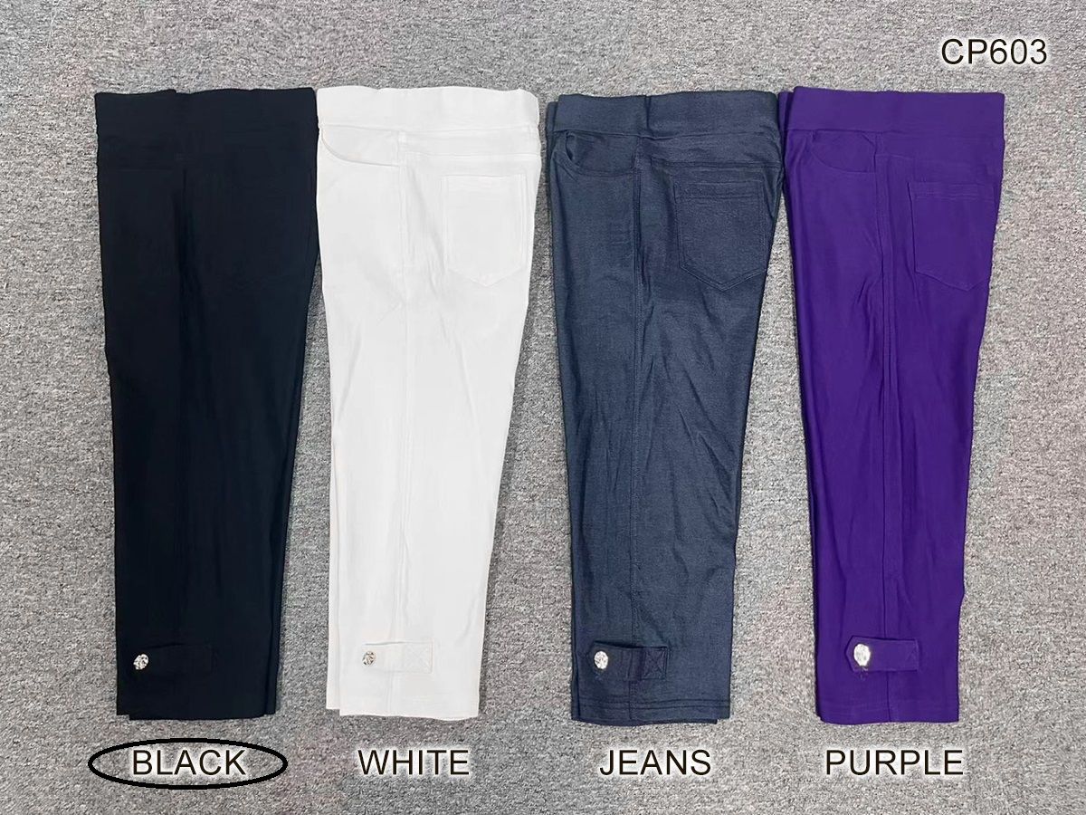 CP603 BLACK Pull on stretch capri w/pockets and side leg button detail