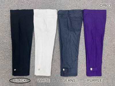 CP603 BLACK Pull on stretch capri w/pockets and side leg button detail