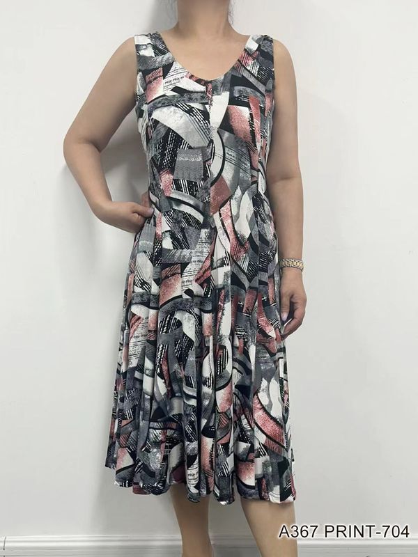 A367 sleeveless print dress w/pleats