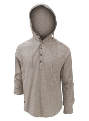 7464201 long sleevehooded pop over cotton/linen shirt w/roll up sleeve