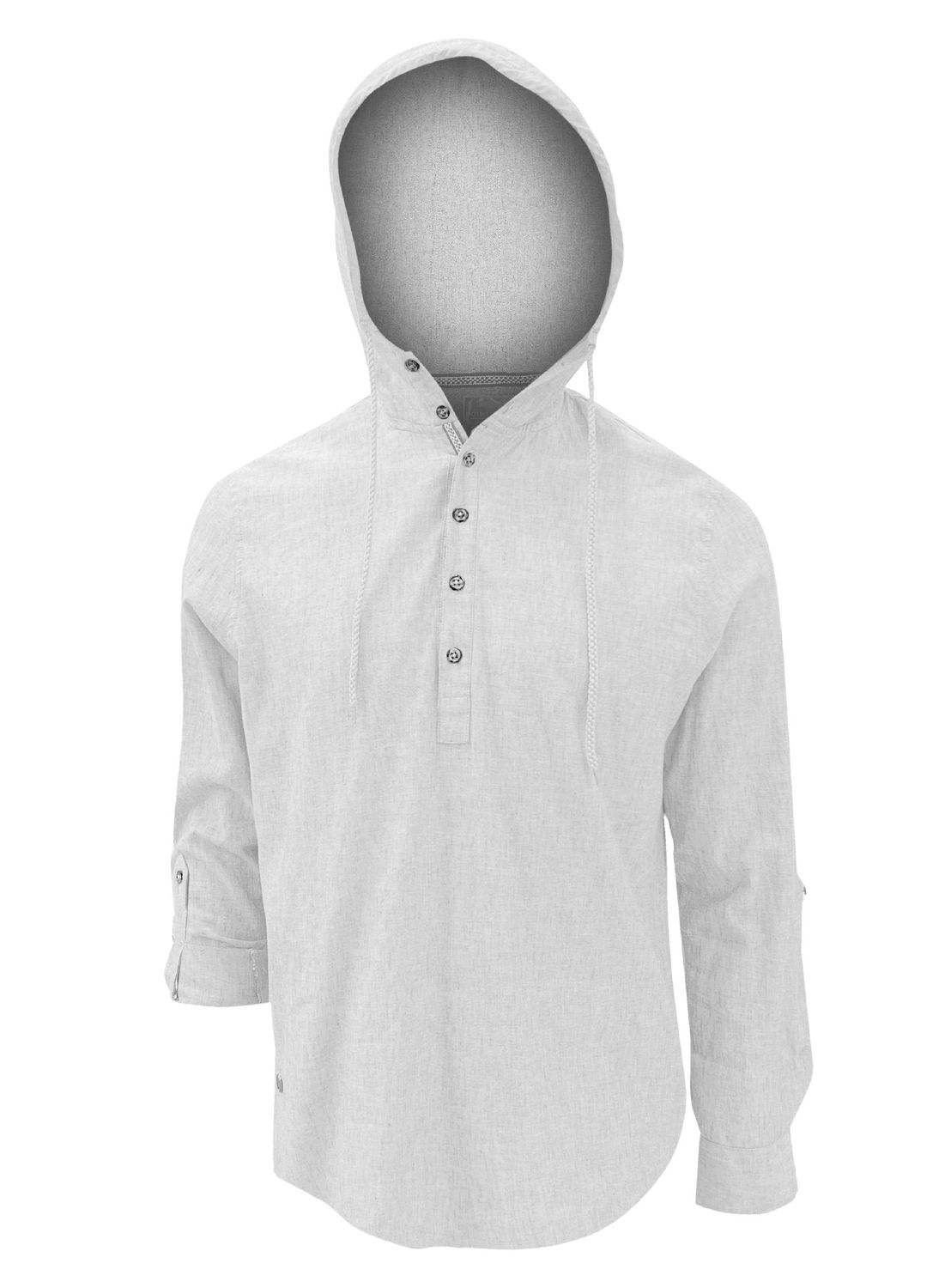 7464201 long sleevehooded pop over cotton/linen shirt w/roll up sleeve