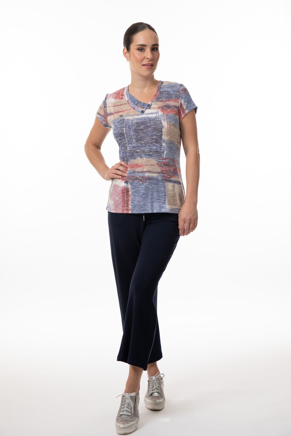8648 Printed short sleeve soft  v neck top w/button neck detail