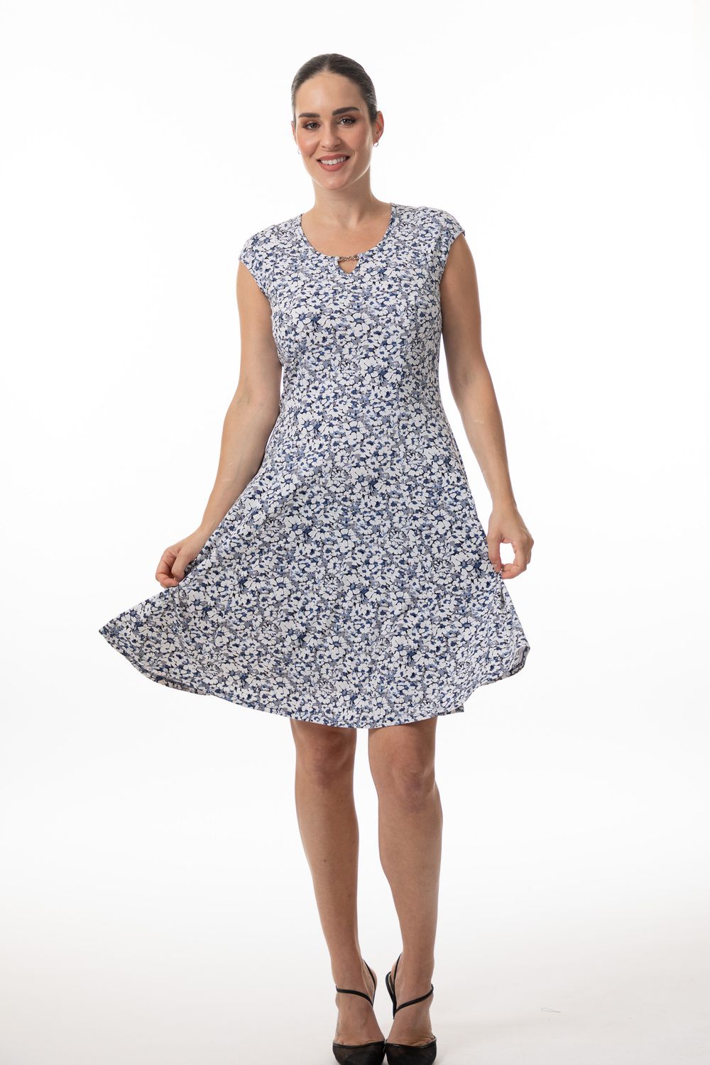 8628 Sleeveless print swing dress w/silver detail at neck