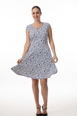 8628 Sleeveless print swing dress w/silver detail at neck