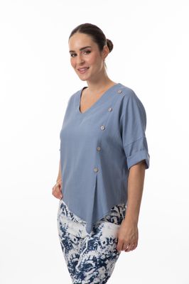 8615  Ladies v-neck linen blend top w/button detail