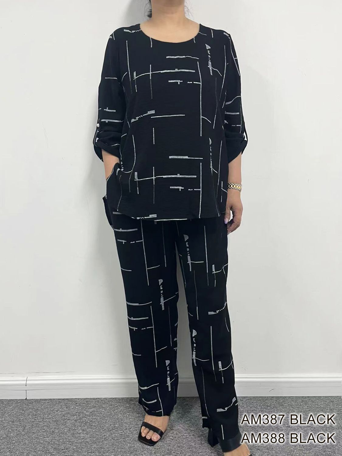 AM388 Drawstring wide leg print pant w/pockets
