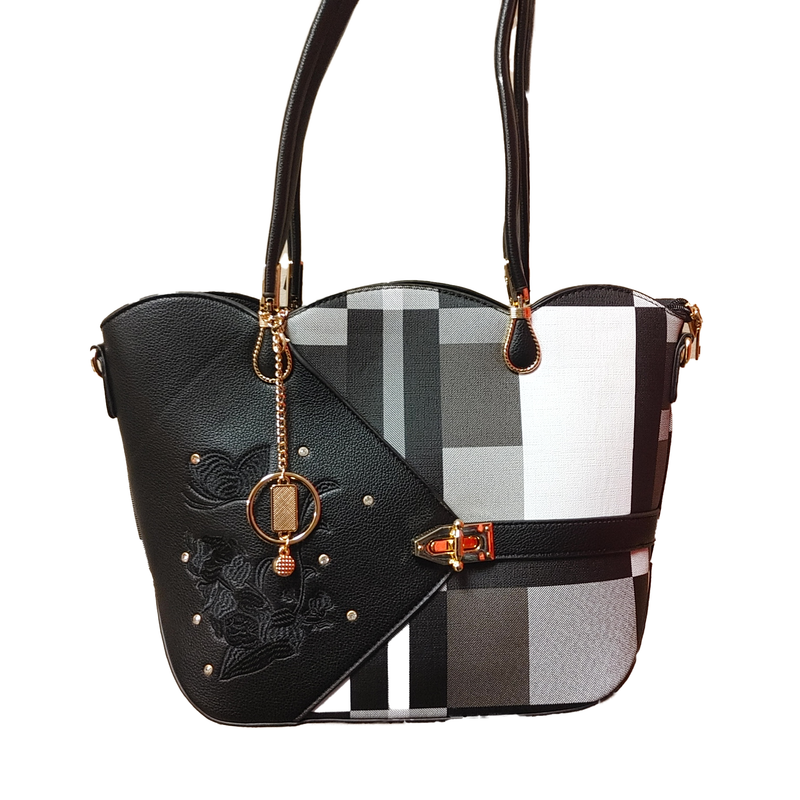 TO-0891 Top zip plaid tote purse w/extra strap