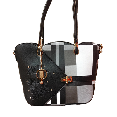 TO-0891 Top zip plaid tote purse w/extra strap