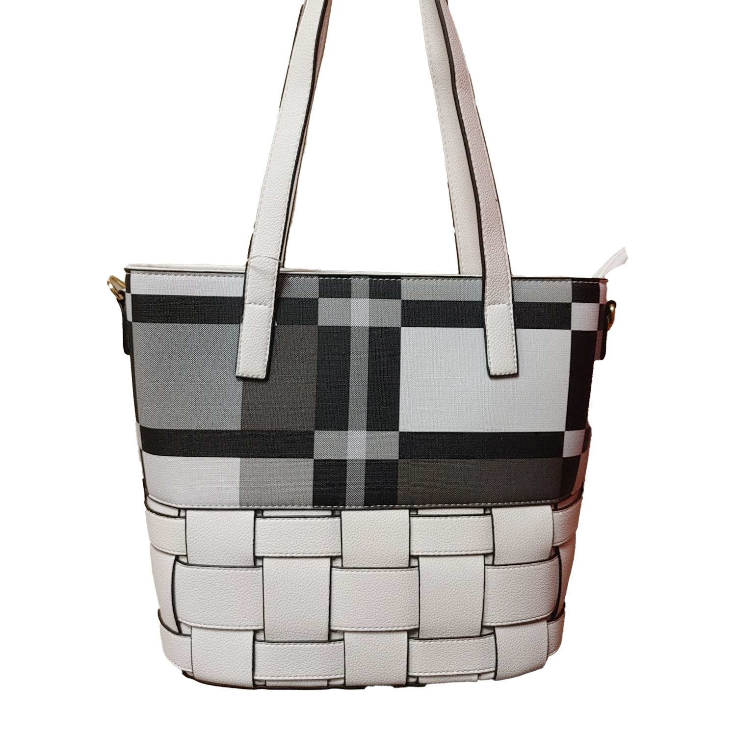 TO-1345A Top zip plaid tote purse w/weave bottom and extra strap
