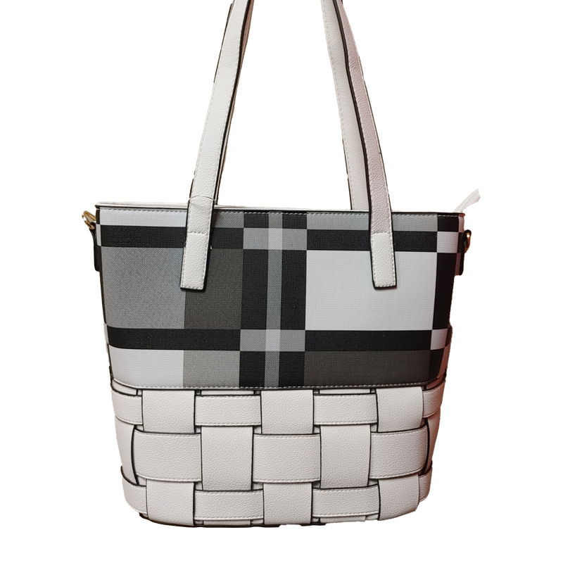 TO-1345A Top zip plaid tote purse w/weave bottom and extra strap