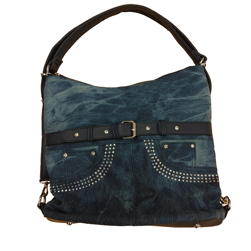 TO-1319 Top zip denim purse with rhinestones can be a backpack