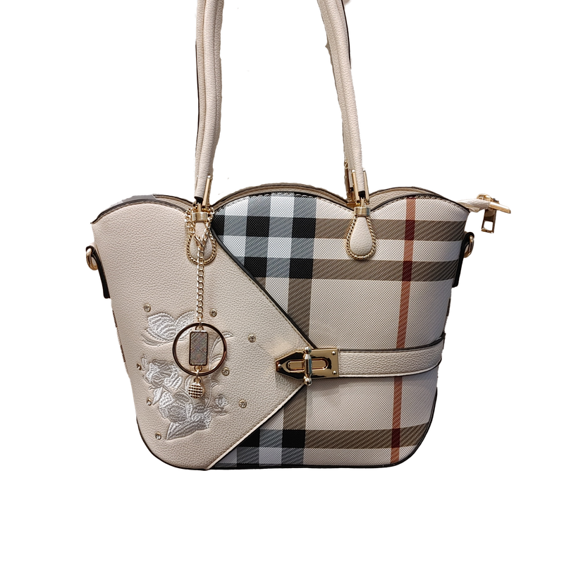 TO-0891B Small top zip plaid tote w/extra strap