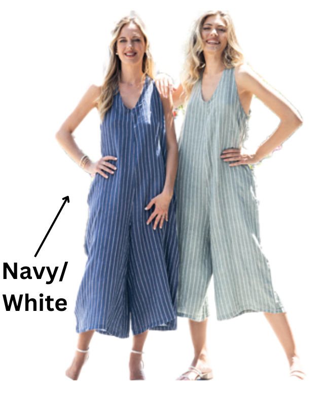 C5261 Striped 100% linen jumpsuit with pockets and adjustable shoulder strap