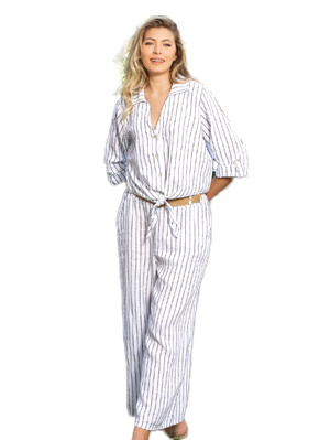 C5265  Striped Linen button tie knot blouse w/adjustable sleeve length