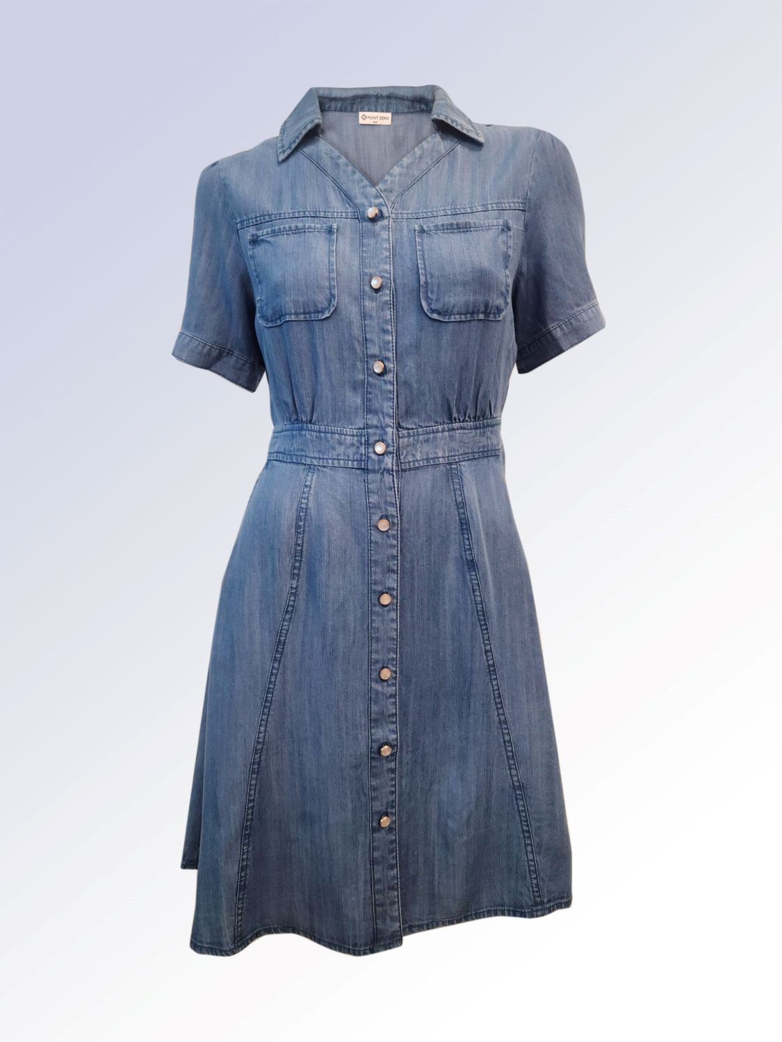 8467007 fit and flare short sleeve denim dress