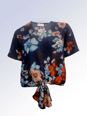 8464035 Short sleeve v neck floral blouse w/tie front