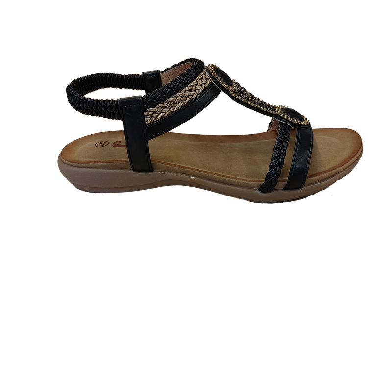 S-1546 Flat sandal w/rhinestones and bead detail and back strap