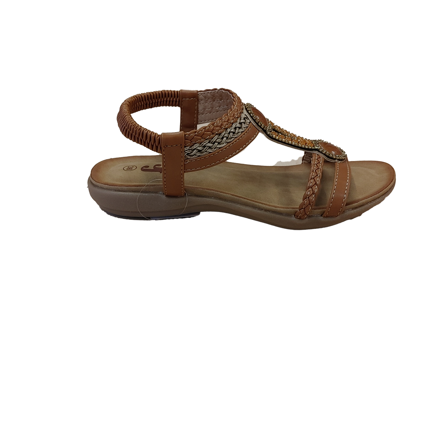 S-1546 Flat sandal w/rhinestones and bead detail and back strap