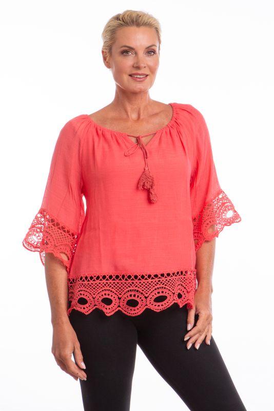 46741 Light weight 3/4 sleeve blouse w/lace and tie at neck