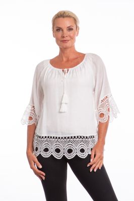 46741 Light weight 3/4 sleeve blouse w/lace and tie at neck
