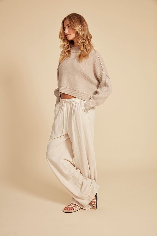 41W132S Drawstring linen blend pant w/side pockets