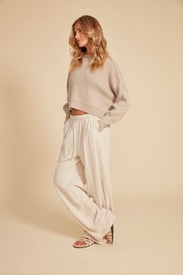 41W132S Drawstring linen blend pant w/side pockets