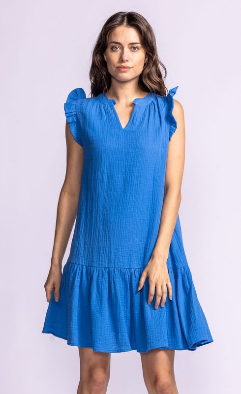 DR-240517RB Ladies v-neck dress w/frill bottom and pockets