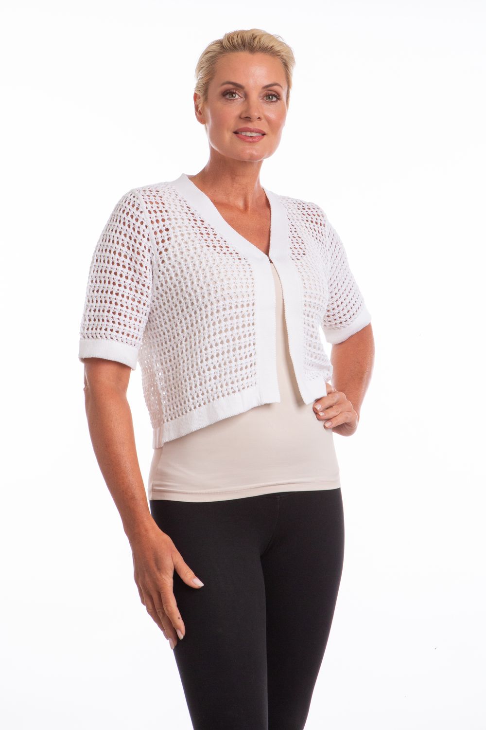 23513 Ladies crop short sleeve bolero w/hook and eye closure