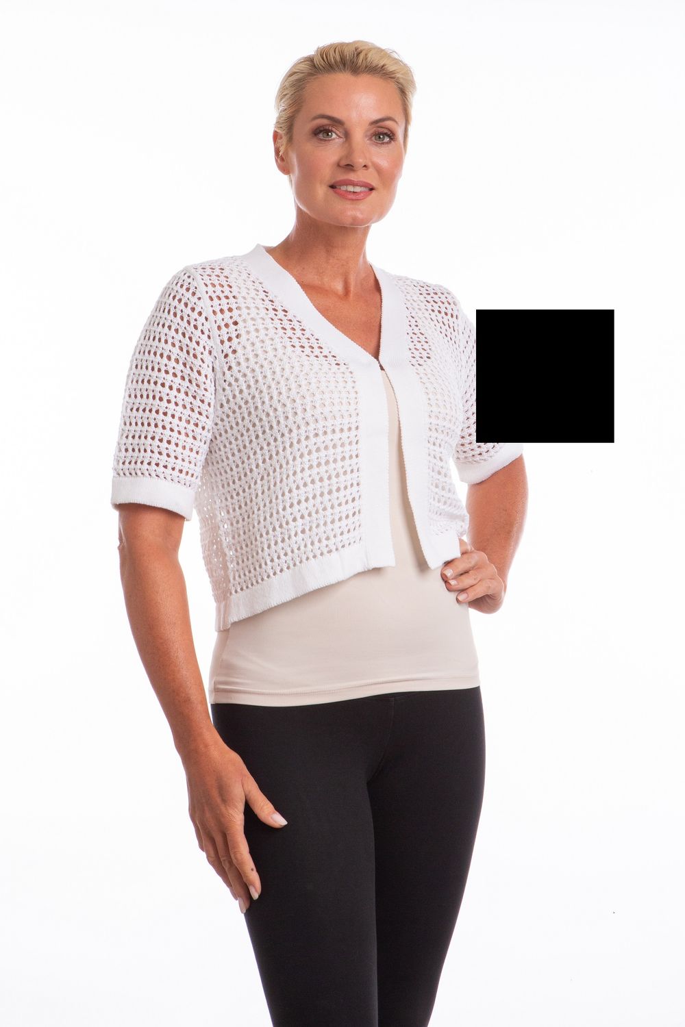 23513 Ladies crop short sleeve bolero w/hook and eye closure