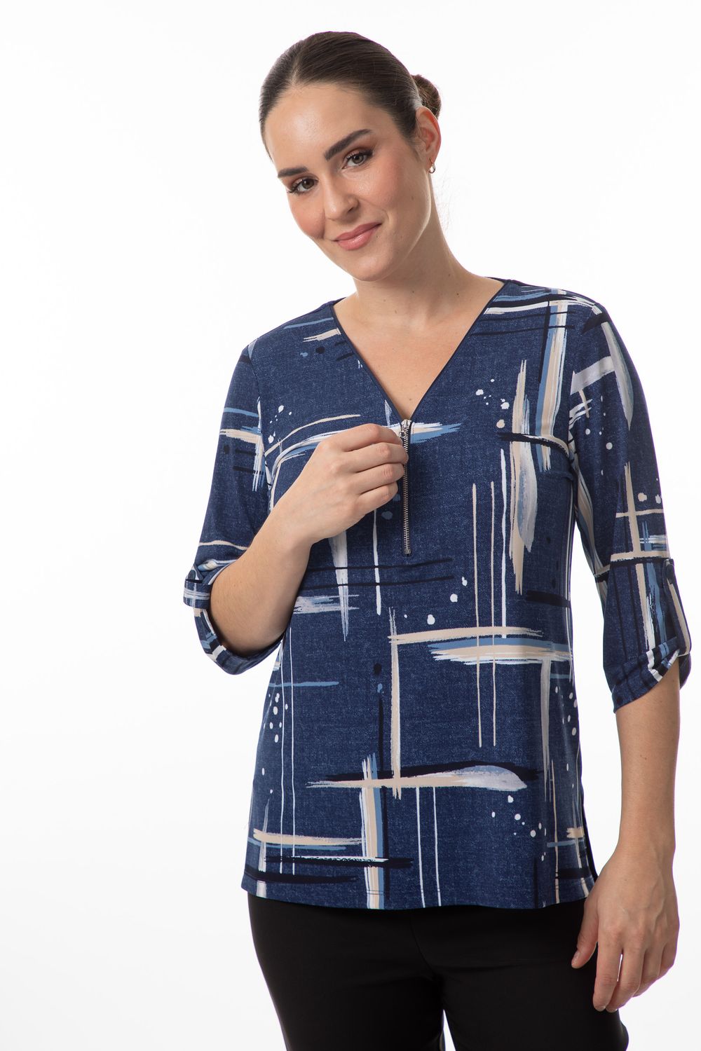 8517 Ladies 3/4 sleeve v-neck print blouse w/front zip