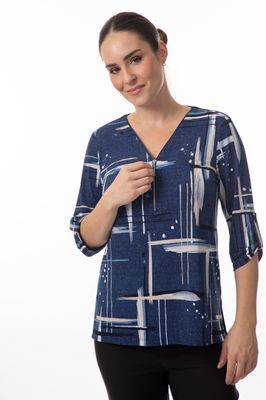 8517 Ladies 3/4 sleeve v-neck print blouse w/front zip