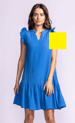 DR-240517Y Ladies v- neck dress w/frill bottom and pockets