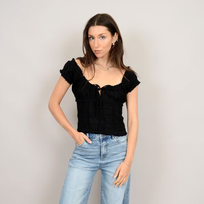 56W142S Ladies mica puff short sleeve shirred top