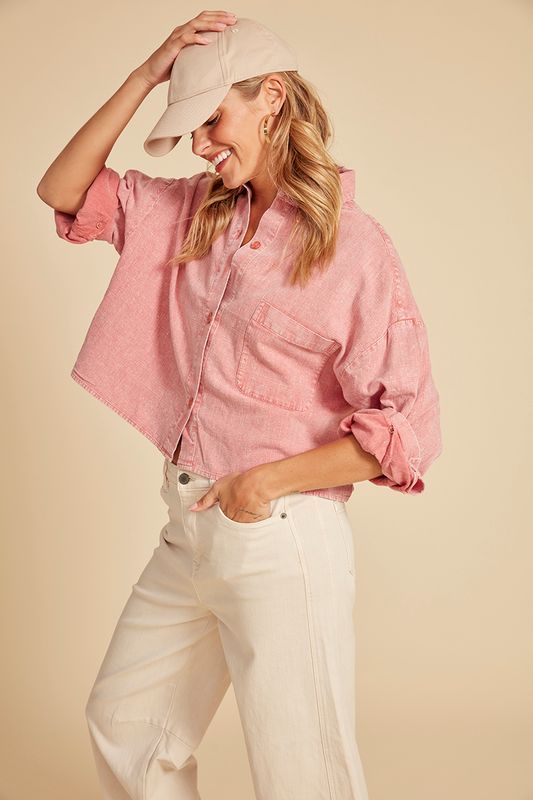 56W208S Long sleeve crop button shirt w/adjustable sleeves