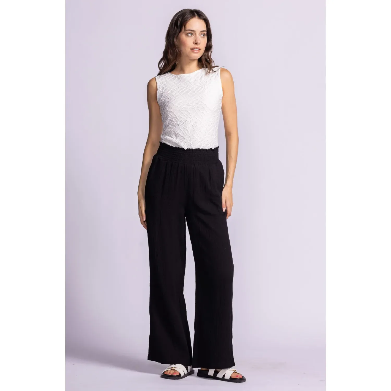 PA-240510BK Elastic waist wide leg vail pant w/pockets