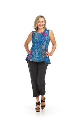 PT-16134 sleeveless peacock print stretch peplum high/low top