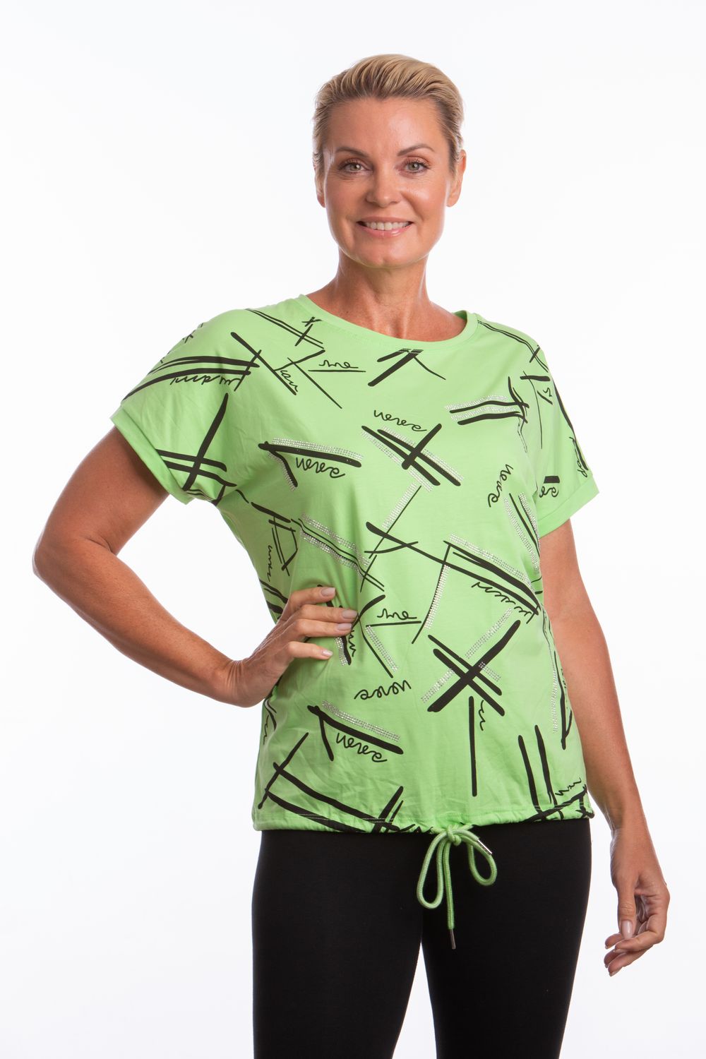 94084# Short sleeve top w/ rhinestones and draw string bottom