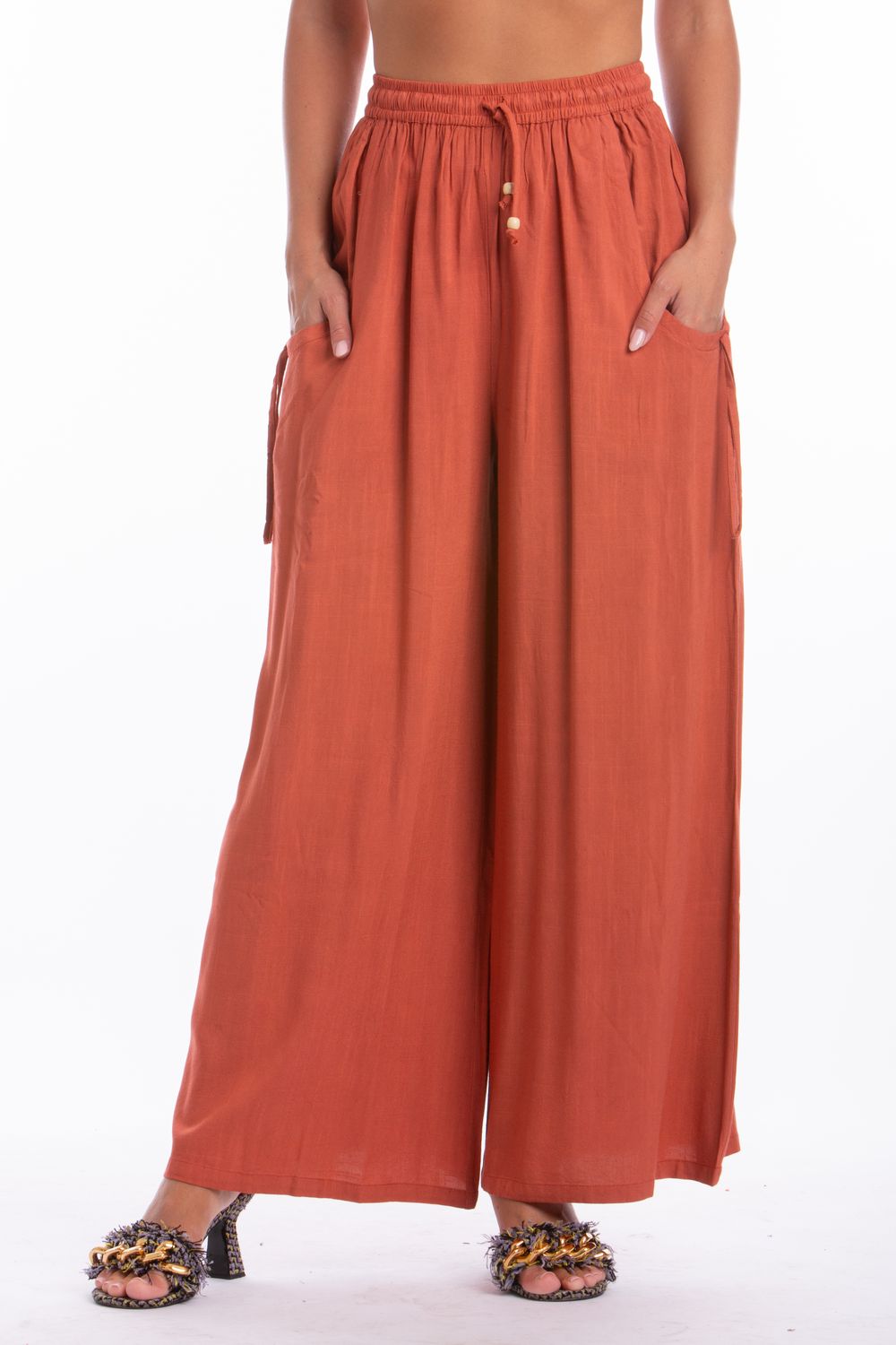 #1961 Ladies 100% cotton elastic waist pull on wide leg pant w/side pockets