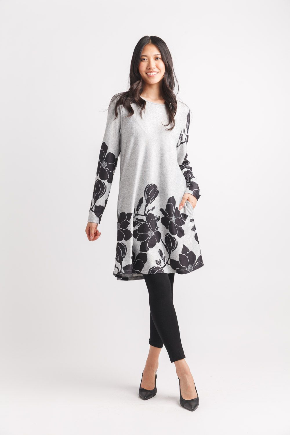SD-19410 Floral print bottom sweater dress with pockets