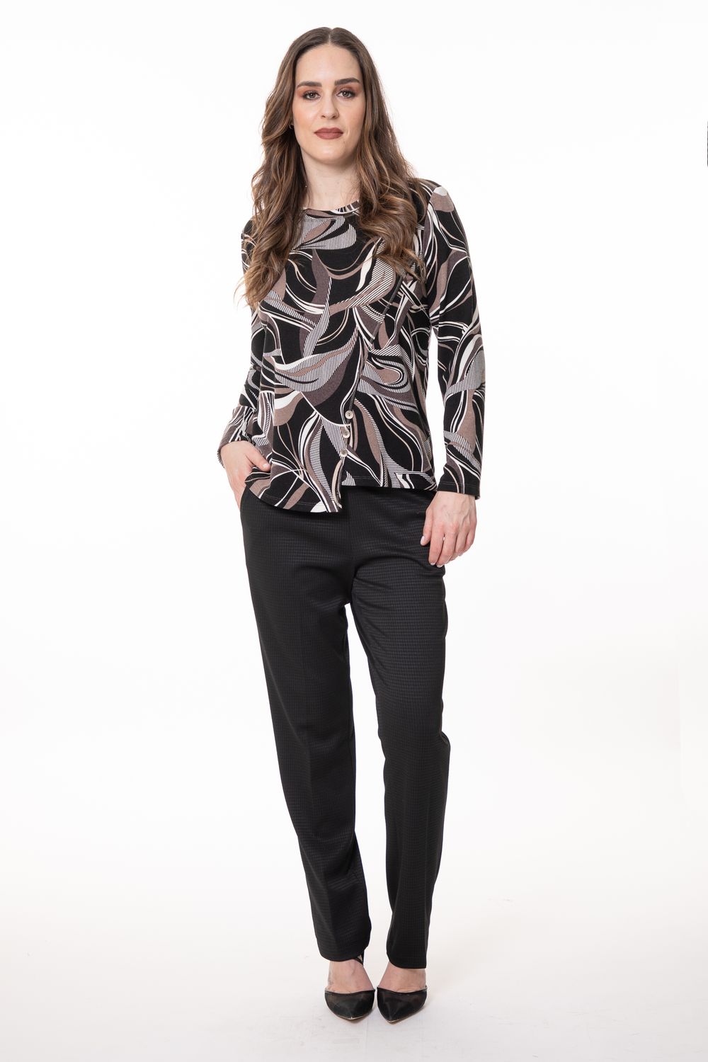 8714 Ladies long sleeve light weight print sweater w/button front detail