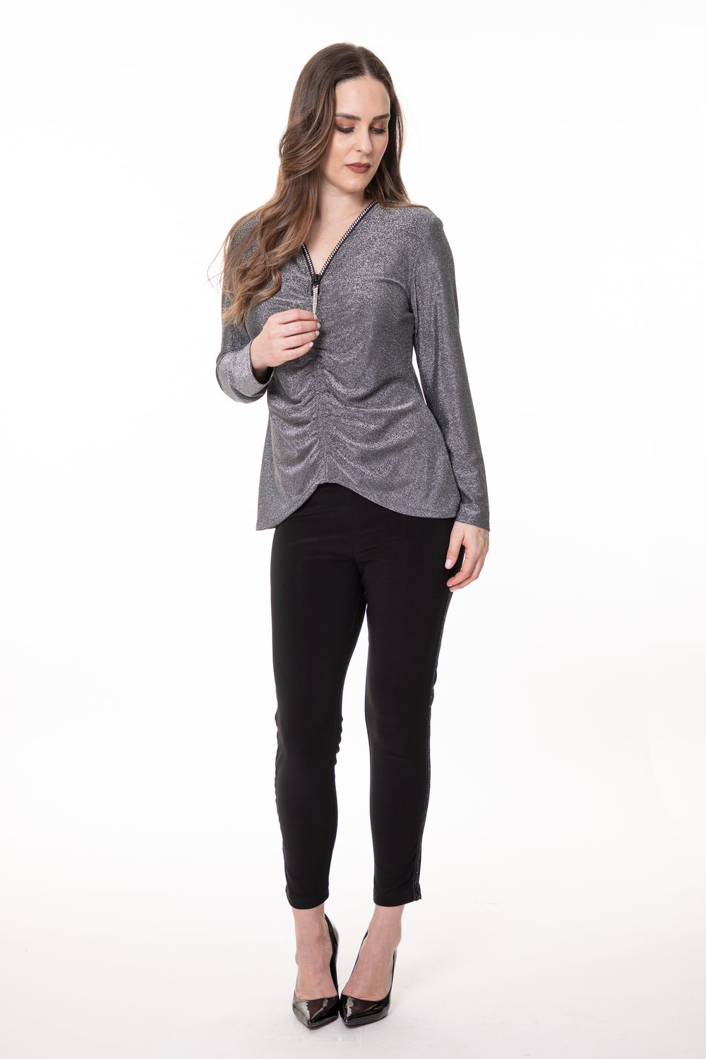 8766 Ladies long sleeve holiday blouse w/rouched front and rhinestone zipper