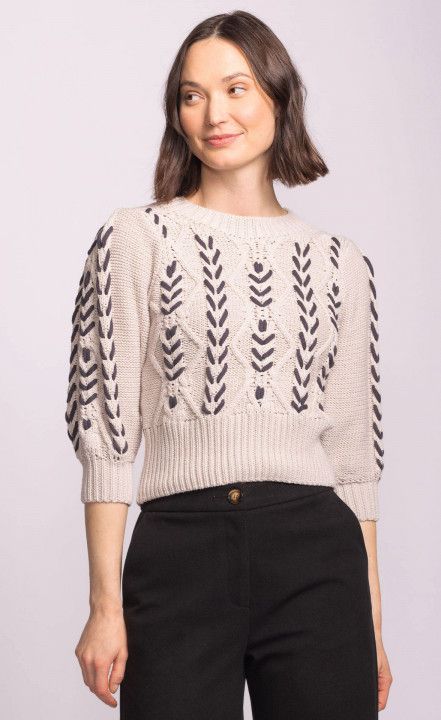 SW-2551 Cable knit braided 3/4 sleeve pullover sweater