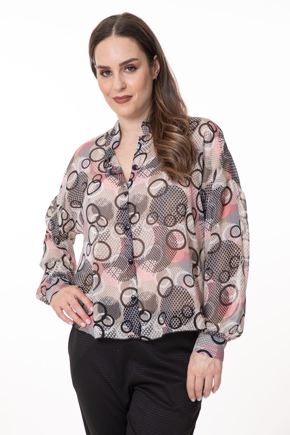8705 Ladies cirlce print collar sheer blouse 